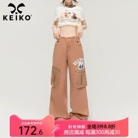 KEIKO 美式复古工装裤休闲裤女2023秋季甜酷高腰显瘦纯棉直筒长裤商品大图