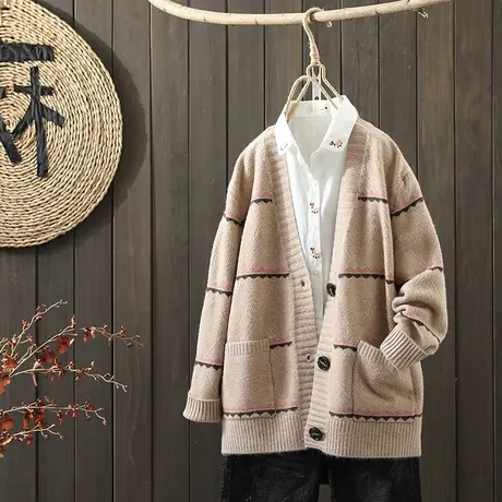 枫谜21年秋冬新款文艺复古口袋针织毛衣外套女单排扣V领毛衣开衫图片