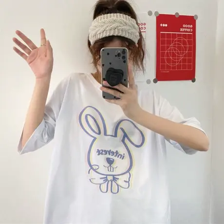 白色短袖t恤女夏季纯棉宽松韩版ins半袖设计感小众chic港味上衣服商品大图