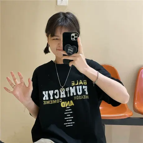 红续港风ins宽松慵懒风oversize小个子2023新款韩版纯棉短袖T恤女图片