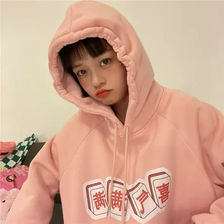 红续新年卡通加绒加厚连帽卫衣女小众设计感宽松学院风外套新款图片