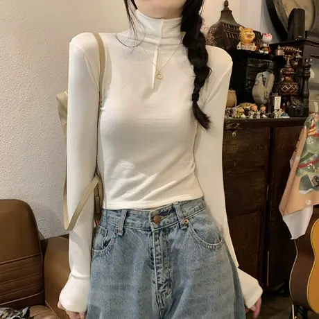 半高领德绒打底衫女春秋冬内搭磨毛加厚保暖修身长袖t恤早春上衣图片