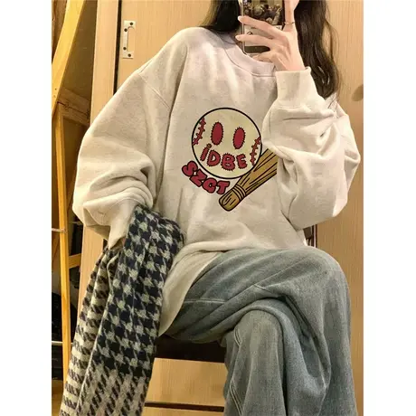 vintage设计感小众圆领卫衣女春秋薄款宽松慵懒风早秋季上衣潮牌商品大图