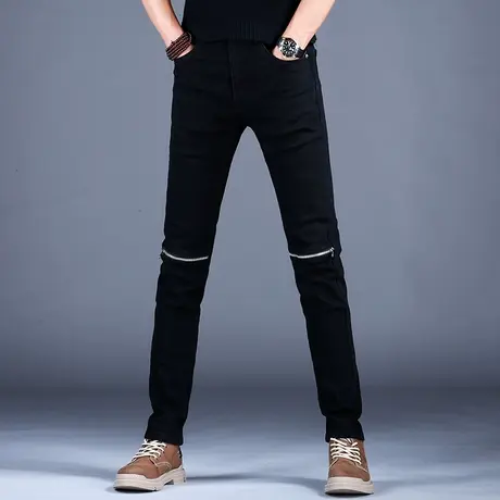 破洞黑色牛仔裤男款新款2023秋款机车拉链拼接休闲修身小脚裤子男商品大图