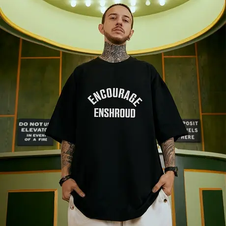 2023高街潮牌宽松T恤简约字母短袖男加肥加大五分袖纯棉大码男装商品大图