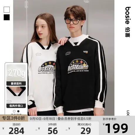 【小花人系列】bosie2023年秋新款长袖T恤男情侣复古运动印花上衣商品大图