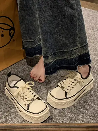 小白鞋女款2023新款秋季百搭韩版厚底松糕板鞋复古方头学生帆布鞋商品大图