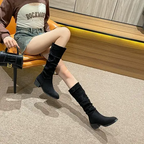 长筒牛仔瘦瘦靴女粗跟2023秋冬新款时尚绒面堆堆靴不过膝百搭长靴图片