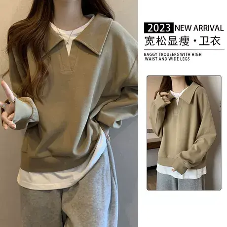 胖mm大码假两件拼接卫衣女装春秋季设计感宽松显瘦遮肚上衣200斤商品大图