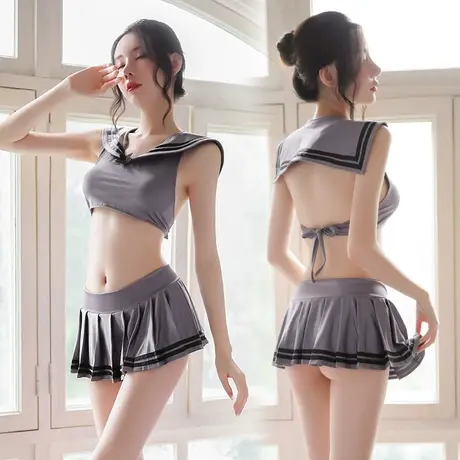 情趣内衣套装制服超短裙学院风百褶裙露背系带性感睡衣诱惑三件套图片