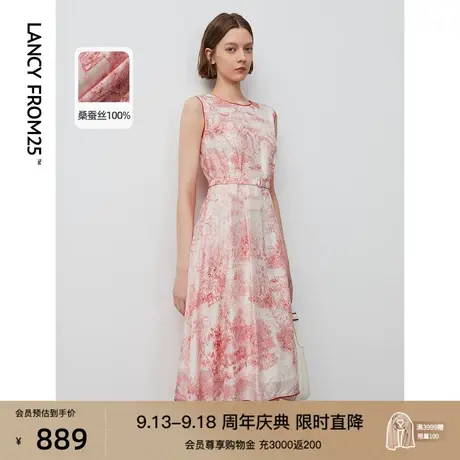 朗姿国风印花法式真丝连衣裙商场同款秋季新款气质收腰无袖裙子女商品大图