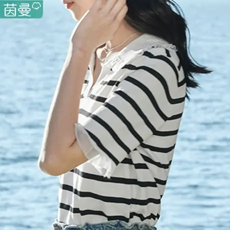 茵曼高端品牌打底衫女条纹娃娃领针织上衣女2023夏季新款v领小衫图片