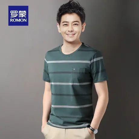 罗蒙男士条纹短袖T恤夏季薄款中老年爸爸装纯棉条纹男装上衣服体t商品大图