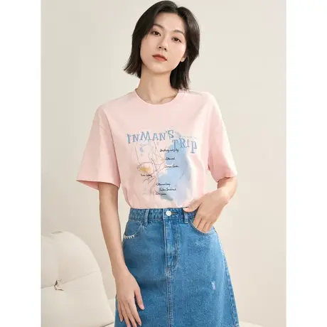 【商场同款】茵曼2023春季女装新款田园时尚印花刺绣纯棉圆领T恤图片