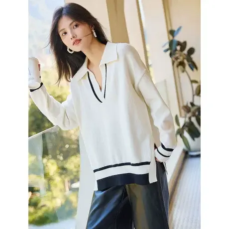 时尚气质套头毛衣2023年秋新款淑女温柔V领宽松显瘦通勤百搭上衣商品大图