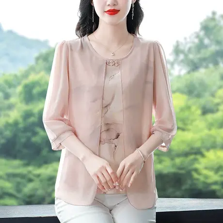 夏季女士雪纺衬衫2023新款初秋七分袖假两件中年妈妈装宽松遮肚子图片