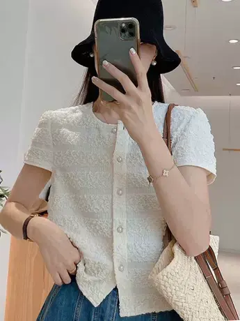 2023夏新款法式复古韩系chic泡泡短袖T恤女宽松短款立体面料上衣商品大图