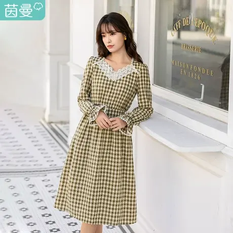 茵曼特价清仓春装喇叭花边袖口V领蕾丝花边显腰身长袖连衣裙图片