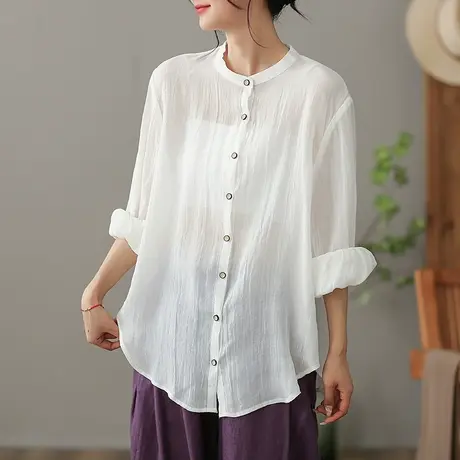 dza苎麻薄款女士衬衫2023夏季白色长袖衬衣宽松显瘦棉麻开衫上衣图片
