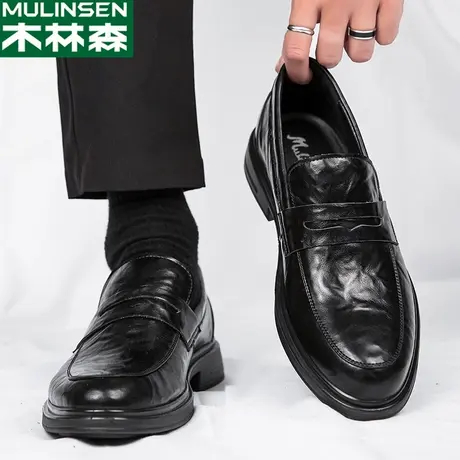 木林森一脚蹬男鞋春季英伦上班工作鞋软底男士休闲皮鞋黑色豆豆鞋商品大图