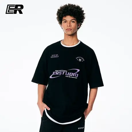 ER基础logo短袖T恤男薄款夏季国潮牌宽松情侣装上衣五分袖打底衫图片
