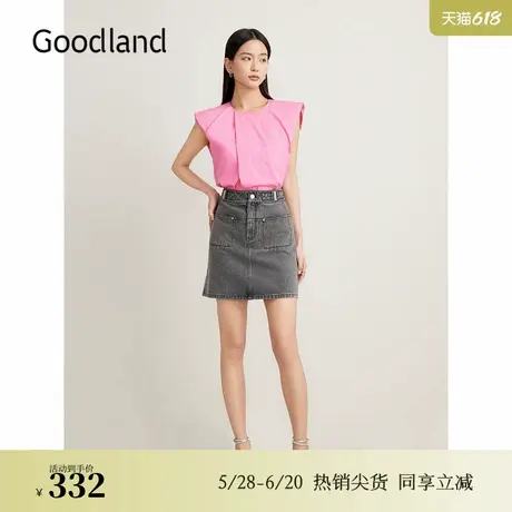 Goodland美地夏季新款设计感收褶衬衫玫粉摩登上衣图片