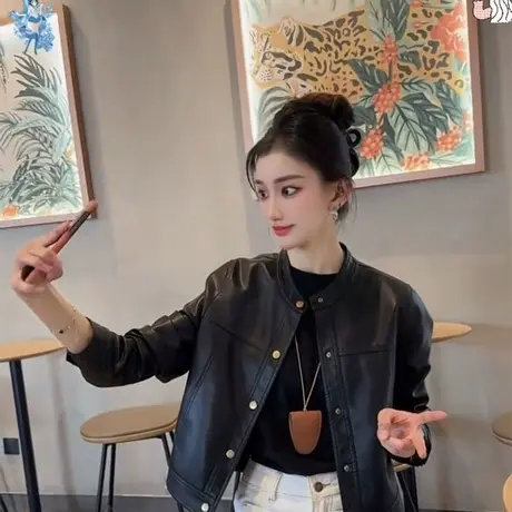 2025春秋新款女短款上衣机车服显瘦时尚百搭蛋白皮夹克PU皮衣外套图片