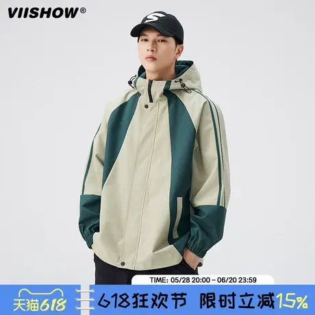 VIISHOW春秋季新款撞色拼接宽松夹克男生潮牌美式户外防风冲锋衣商品大图