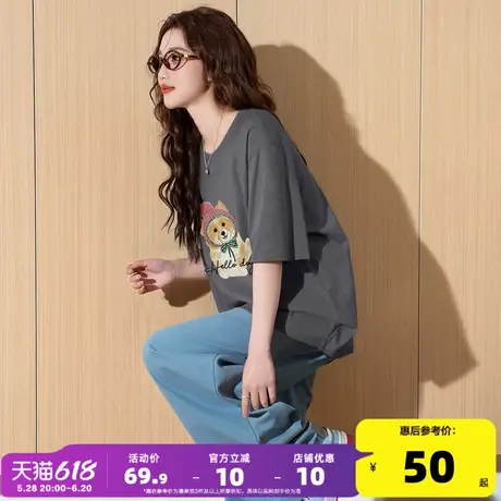 唐狮圆领短袖T恤女2025新款夏季chic甜美设计感上衣女纯棉体恤pc商品大图
