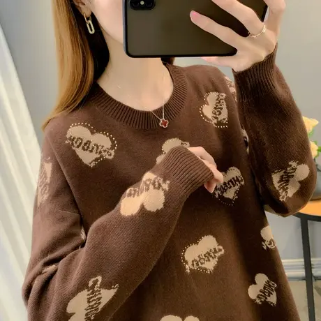 毛衣女宽松外穿复古提花慵懒风2023年秋冬新款爱心烫钻针织打底衫商品大图