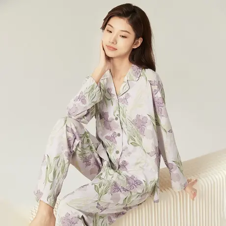 顶瓜瓜睡衣春秋款花卉满印开襟女士长袖纯棉家居服套装商品大图