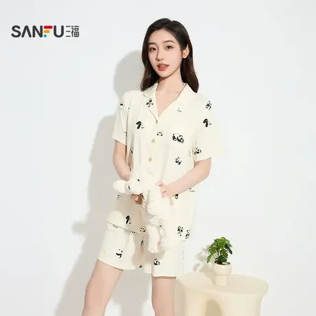 三福女秋季竹浆纤维开扣套装 简约熊猫图案宽松家居服女503371商品大图