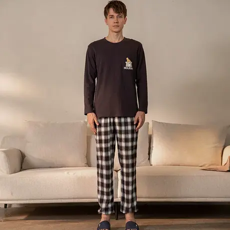 秋鹿【断码清仓】睡衣女梭织色织格磨毛落肩圆领卡通秋天家居服商品大图