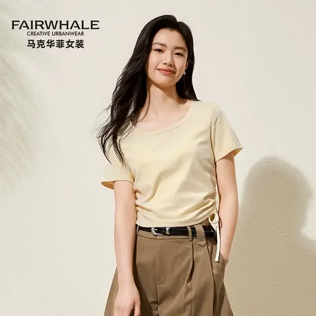 马克华菲短袖T恤女纯色2025春夏新款纯棉圆领收腰修身设计感上衣图片