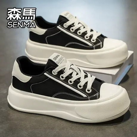 森马男鞋夏季透气百搭运动休闲低帮板鞋青少年厚底增高黑色帆布鞋商品大图