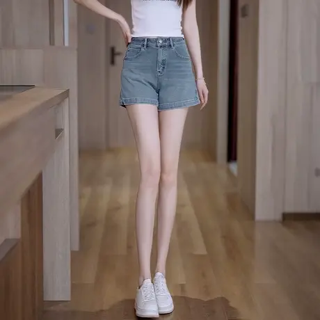 复古蓝A字牛仔短裤女夏季薄款高腰显瘦阔腿裤舒适透气休闲三分裤商品大图