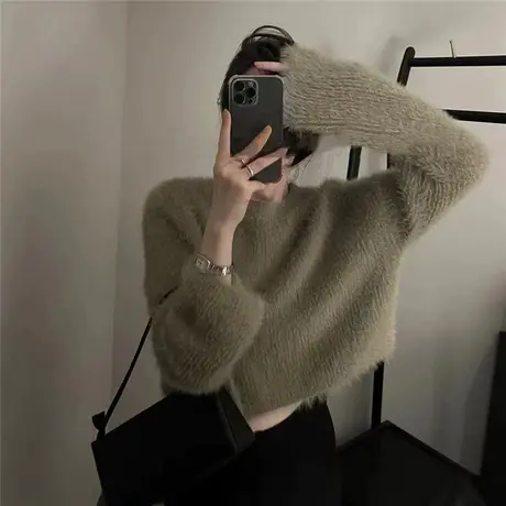 2022秋冬韩系甜美软糯短款毛衣女宽松简约显瘦仿水貂绒针织上衣潮图片