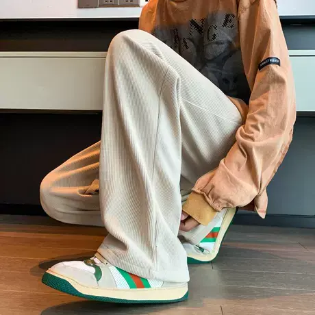 灯芯绒裤子男春秋季宽松直筒雪尼尔阔腿裤潮牌大码编织绳休闲长裤图片