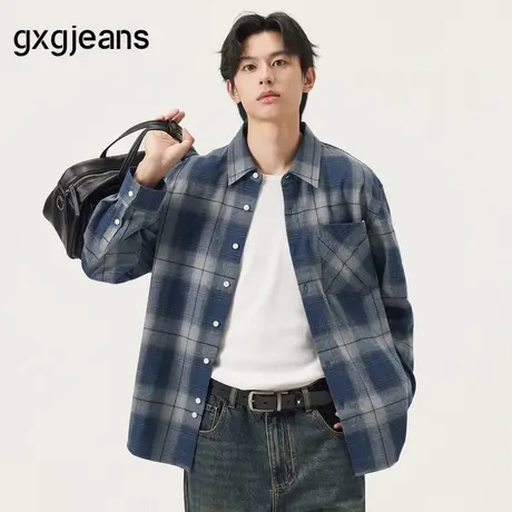 gxg.jeans男装 蓝色格纹简约通勤宽松长袖衬衫上衣男 25年秋新品图片