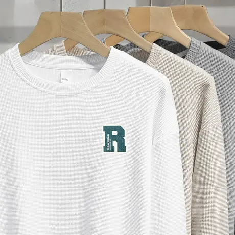 男士卫衣华夫格潮流宽松圆领套头无帽长袖t恤白色上衣服休闲百搭图片