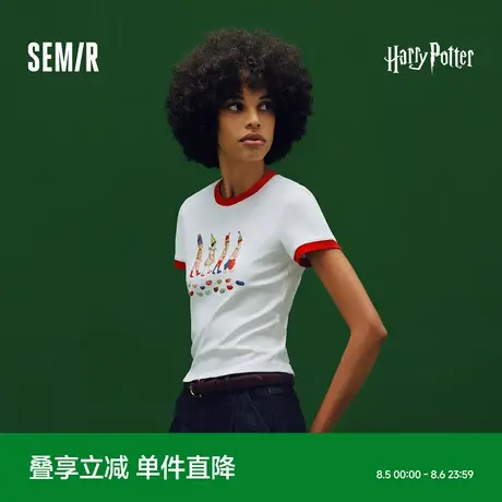 森马哈利波特联名短袖T恤女短款印花2025夏季新款修身撞色套头衫商品大图