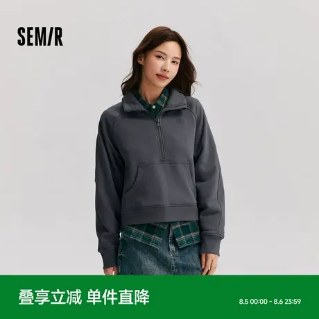 森马卫衣女插肩袖立领复古简约百搭2024冬季新款抓绒套头衫ins潮商品大图