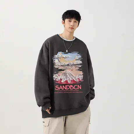 oversize情侣圆领卫衣潮牌男秋美式高街400g重磅硬挺慵懒chic无帽商品大图