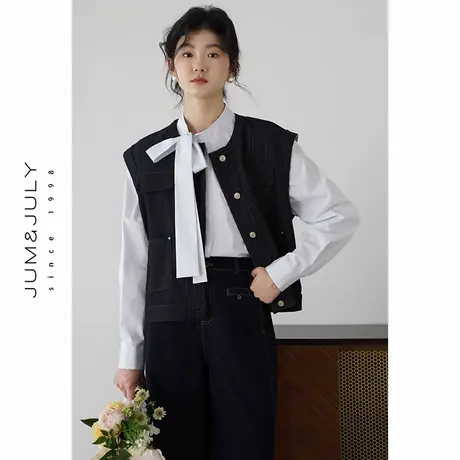 嘉茱莉肌理感无袖马甲背心女2025春季新款圆领叠穿背心外套上衣图片