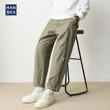 hansca高密防风直筒休闲裤男秋季2025新款松紧腰拼接贴布锥形裤子商品大图