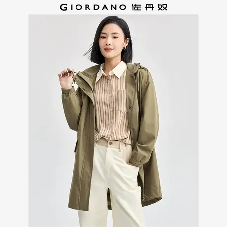 佐丹奴外套女装抽绳收腰连帽梭织中长款风衣 05374673图片
