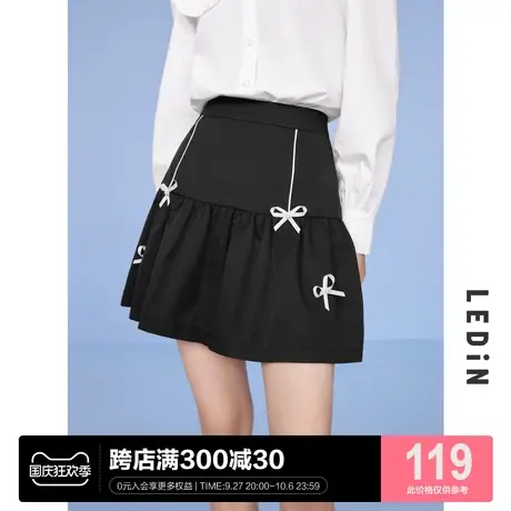 乐町高腰黑色半身裙女休闲春夏新款短裙甜美蝴蝶结百褶裙a字裙子图片