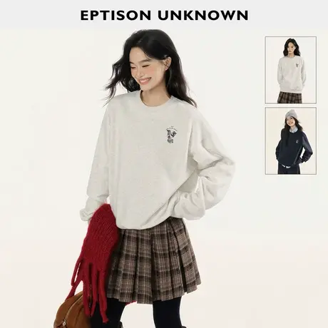 EPTISON加绒卫衣女2025冬季新款慵懒风小狗印花休闲圆领套头上衣图片