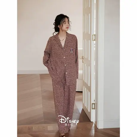 迪士尼睡衣女款春秋时尚翻领长袖豹纹家居服甜酷少女舒适大码套装商品大图