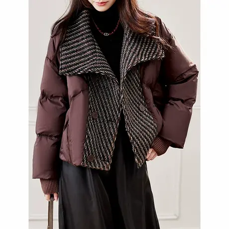 宝诗黎毛呢拼接短款白鸭绒羽绒服2025冬季保暖加厚时尚休闲外套图片